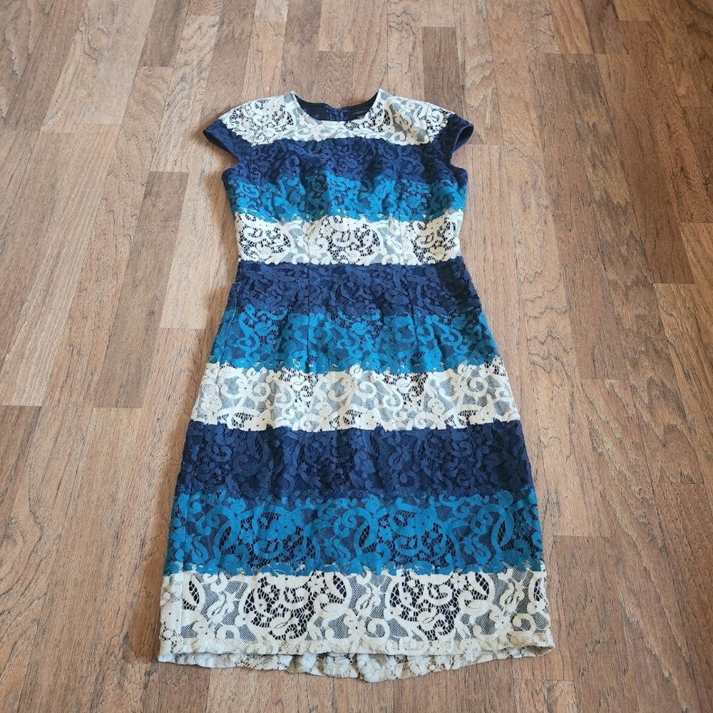 Ann Taylor Petite Sheath Dress 00P Blue Teal Cream Striped Floral Lace 530